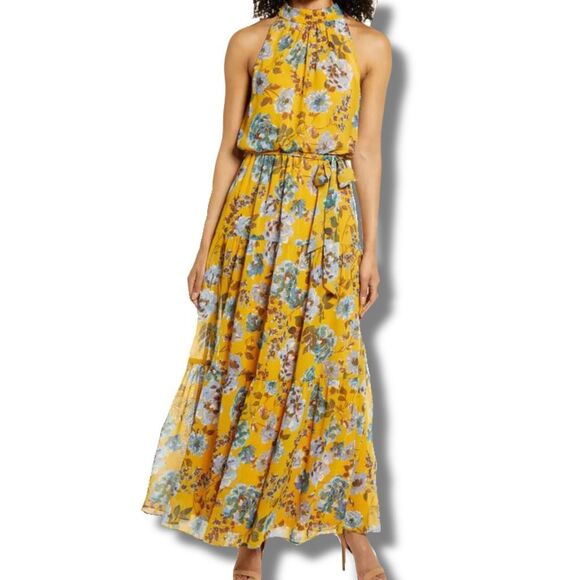 Julia Jordan Women’s Size 4 High Neck Maxi Dress Deep Yellow Floral Sleeveless - Picture 1 of 11